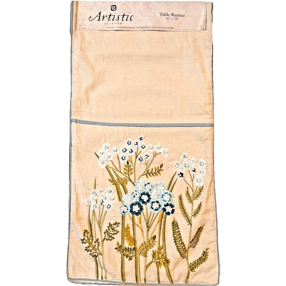 Artistic Embroidered Table Runner Beige Raised Flowers White & Blue 18” X 72''